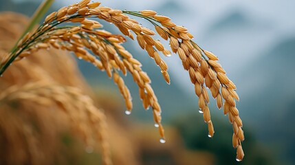Obraz premium Golden Ripe Rice Ear with Water Droplets After Rain in Lush Green Agricultural Field