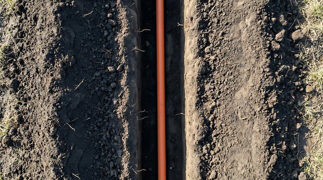 Aerial view of an orange pipe buried in a dug trench with construction installation infrastructure underground