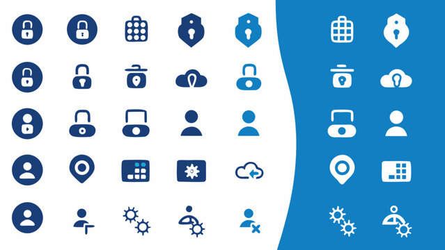 Flat user account icon set with login logout password and security symbols in blue and white colors