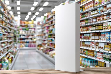 Fototapeta premium Blank White Retail Display Stand in Supermarket Aisle with Shelves of Products