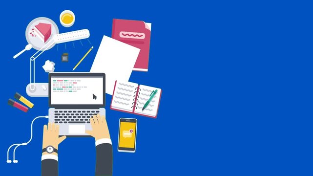 Marketing campaign with blue screen chroma key background. Laptop with megaphone and floating icons in clean professional workspace ideal for video editing