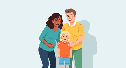 Fototapeta premium Happy diverse family expecting new baby, parents and child laughing together