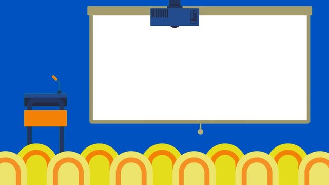 Presentation conference with blue screen chroma key background. Whiteboard audience seats and speaker in professional workspace ideal for video editing