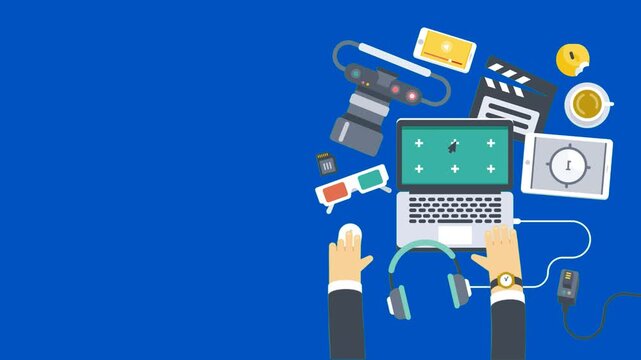 Video production with blue screen chroma key background. Camera lights and laptop on desk in professional workspace perfect for video editing
