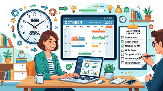 Businesswoman working on laptop with calendar and clock, office setting, productive mood