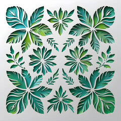 Fototapeta premium Symmetrical 3D paper cut tropical green leaves pattern, layered papercraft monstera and palm foliage background, elegant botanical paper art design texture