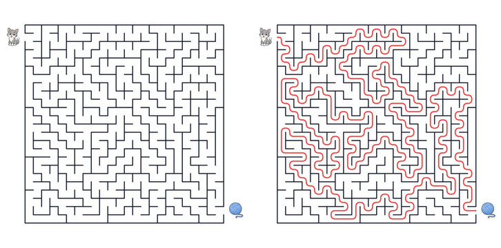 Square maze puzzle cat path to yarn ball with solution for attention