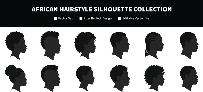 African Hairstyle Silhouette Collection with Diverse Black Hair Profile Icons for Beauty Fashion Barber and Cultural Design Projects