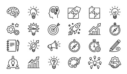 Black and white brainstorm icon set with creativity thinking idea and innovation symbols © Md