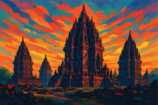 Prambanan temple Indonesia views contemporary creative digital art style, illustration.