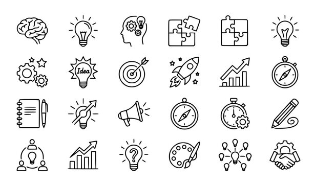 Black and white brainstorm icon set with creativity thinking idea and innovation symbols