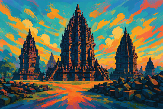 Prambanan temple Indonesia views contemporary creative digital art style, illustration.