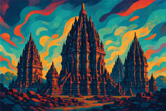 Prambanan temple Indonesia views contemporary creative digital art style, illustration.