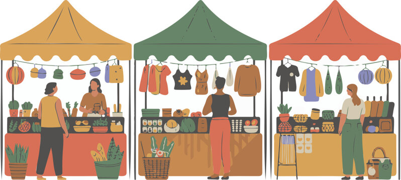 Flat vector illustration of a busy street market with colorful stalls and people shopping, isolated on transparent background.
