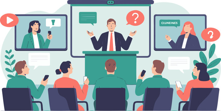 Flat vector illustration of a business meeting with remote participants on screens isolated on transparent background for design