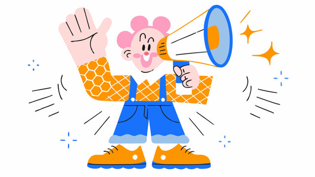 Cheerful announcer mascot holds megaphone and waves hand in greeting with sparkles