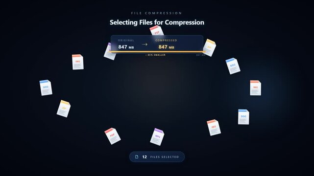 File Compression Process Animation with Selecting and Complete Stages Dark Interface