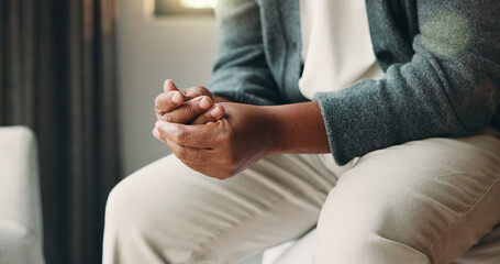 Obraz premium Mental health, overthinking or hands in house with worry, anxiety trigger or memory of past trauma. Stress, overwhelmed or person in bedroom with nerves, fear or tension in emotional thoughts.