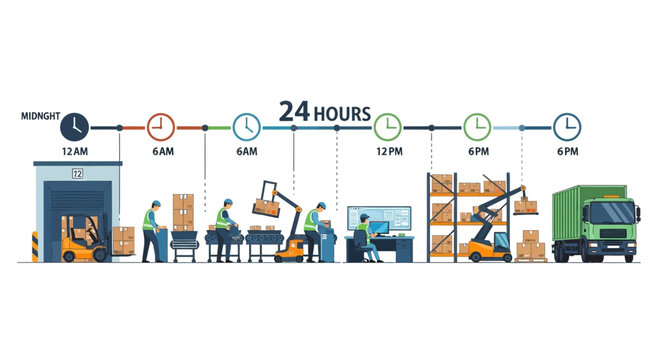 24 Hour Logistics Operation: Warehouse workers, forklifts, trucks, and timeline illustration
