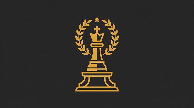 Gold chess king piece with laurel wreath and star on a dark gray background, minimalist desig