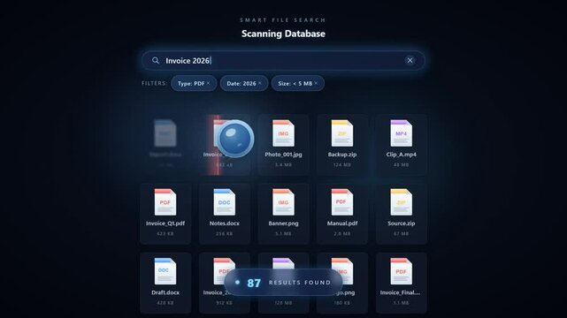 Smart File Search Interface Animation with PDF Results Filters and Selection