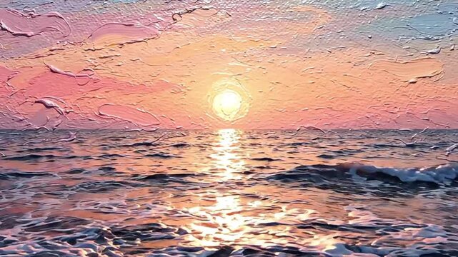 Impressionistic oil painting of a textured sunset over ocean waves impressionism