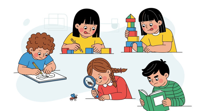 Diverse children engaged in educational activities: learning, building, drawing, observing insects, reading