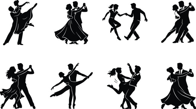Silhouettes of dancing couples in elegant ballroom, swing, and Latin dance poses showing rhythm, movement, and partnership illustration