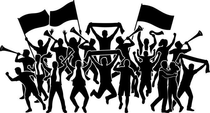 Large crowd silhouette of cheering football soccer stadium fans holding flags scarfs and blowing horns celebrating a sports victory victory concepts
