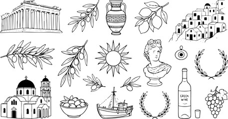 Large collection of hand drawn Greece travel elements featuring Parthenon temple olive branch amphora Greek island houses sun sculpture and wine doodles © fepro