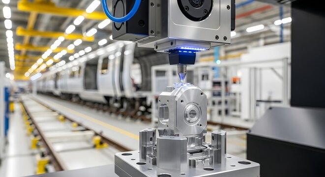 Automated quality control machine inspecting metal component in train manufacturing plant