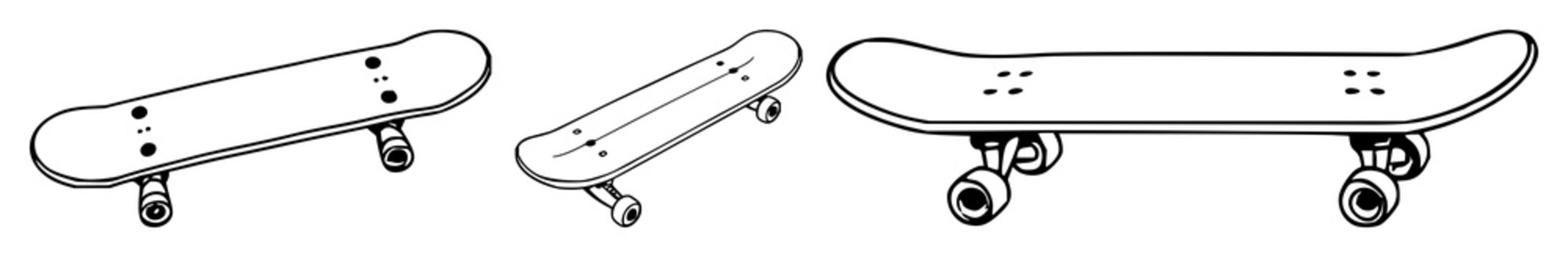 Black line art, white background: skateboard set with simple line art design featuring line art, illustrations, graphic resources with vector and design elements
