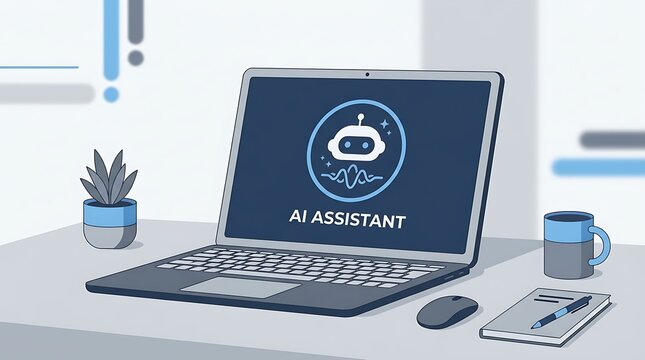 Laptop computer displaying an ai assistant on the screen, sitting on a desk with office supplies