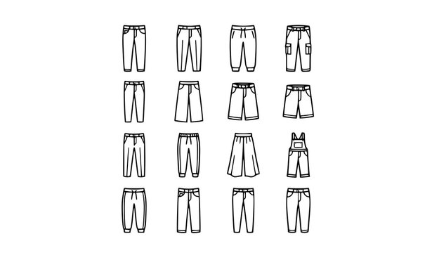 Minimal pants line icon vector set with modern trousers and belt clothing illustrations