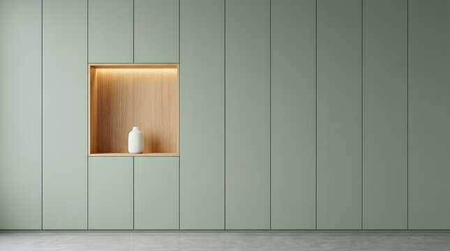 Modern minimalist interior design with elegant sage green paneled walls and an illuminated display niche