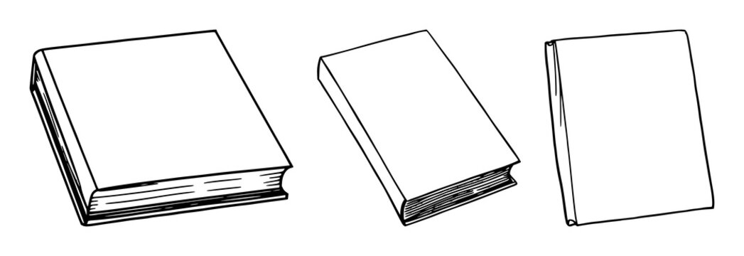 Black line art, white background: hardcover book set with simple line art design featuring simple design, minimalist, black and white with illustrations and graphics