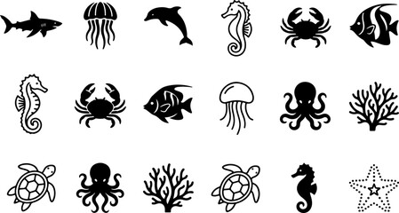 Large collection of black sea creature silhouettes featuring shark dolphin jellyfish seahorse crab octopus sea turtle and coral for marine biology concepts © fepro