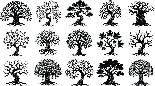 Collection of 12 black silhouette trees with varied foliage and root systems white nature