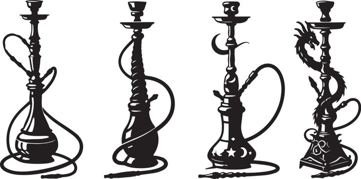 Vintage hookah silhouettes set, traditional shisha pipes with dragon and crescent moon details, black and white oriental smoking equipment vector icons