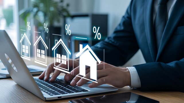 Real Estate Investment A Person Working on a Laptop with Icons of Houses and Percentages Symbolizing Property Growth and Financial Opportunities