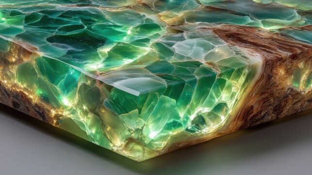 Luxury onyx material close-up of backlit green stone. Translucent surface shows intricate patterns and vibrant emerald hues against neutral backdrop. Ideal for luxury design.