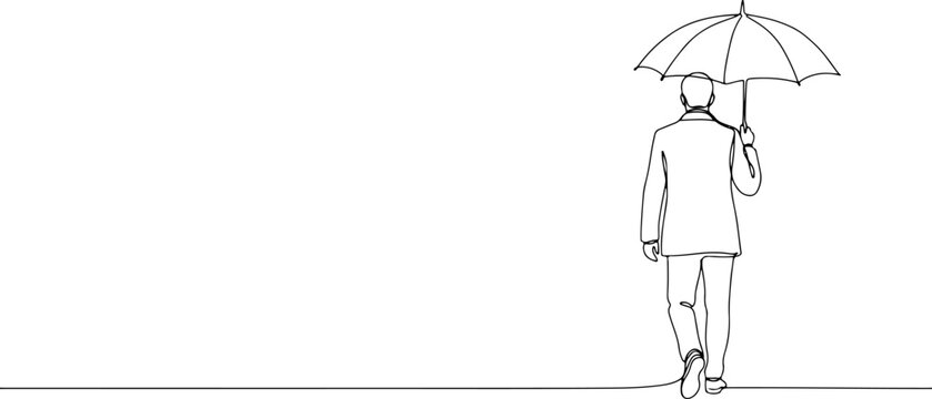 Continuous one line drawing of businessman walking from back view holding umbrella with copy space for financial security and business protection concept