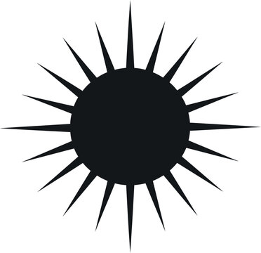 Black sun with sharp pointed rays on white background