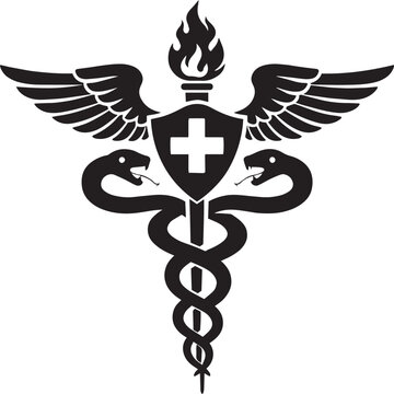 Medical caduceus symbol with snakes and wings, black and white healthcare emblem with shield and torch, professional pharmacy and medicine vector icon
