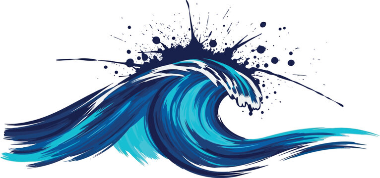 Blue ocean wave with ink splatter and brush strokes