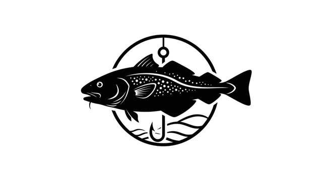 Cod fish silhouette with fishing hook and waves, circular emblem