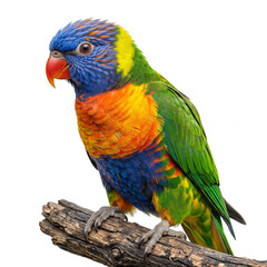 Naklejka premium Rainbow lorikeet rests on a wooden branch while showing its brilliant multicolored plumage against a clean white backdrop.