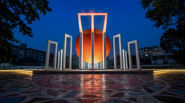 Shaheed minar monument illuminated at dusk dhaka bangladesh