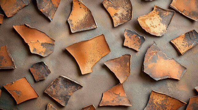 Earthenware clay background weathered pottery shards scattered abstract textural pattern brown burnt sienna natural aging organic edges visual depth