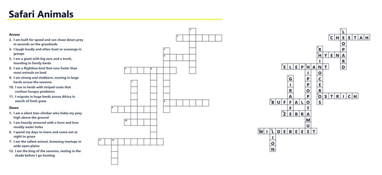 Vocabulary Crossword Game &ndash; Safari Animals Printable Word Puzzle for Kids